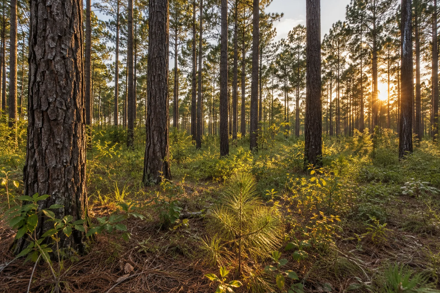 Sunlight through a stand of pine timber
